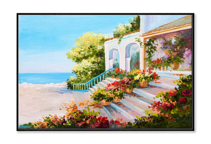 Terrace Near The Sea, Flowers Oil Painting Wall Art Limited Edition High Quality Print Canvas Box Framed Black