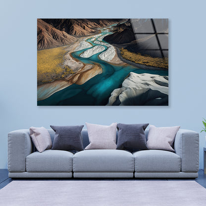 High Angle View of a River, Mountains Acrylic Glass Print Tempered Glass Wall Art 100% Made in Australia Ready to Hang - Bella Home Decor