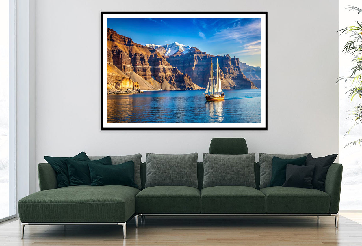 Sailboat Sailing In the Sea, Mountains in Greece Home Decor Premium Quality Poster Print Choose Your Sizes