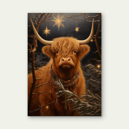 Scarf Highland Cow Stars 40x60cm Metal Print Ready to Hang - Bella Home Decor