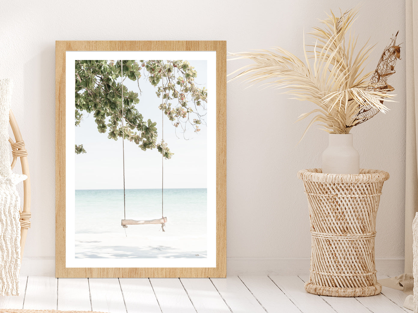 Beach Swing & Tree near Beach Photograph Glass Framed Wall Art, Ready to Hang Quality Print With White Border Oak