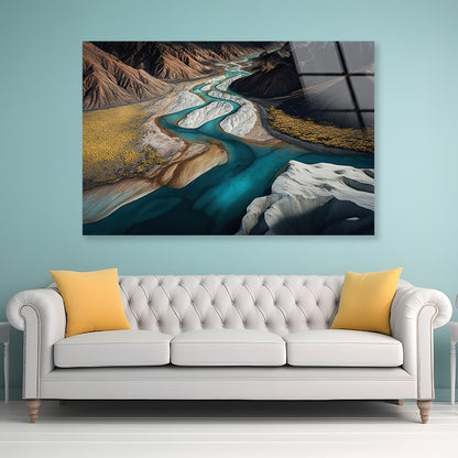 High Angle View of a River, Mountains Acrylic Glass Print Tempered Glass Wall Art 100% Made in Australia Ready to Hang - Bella Home Decor