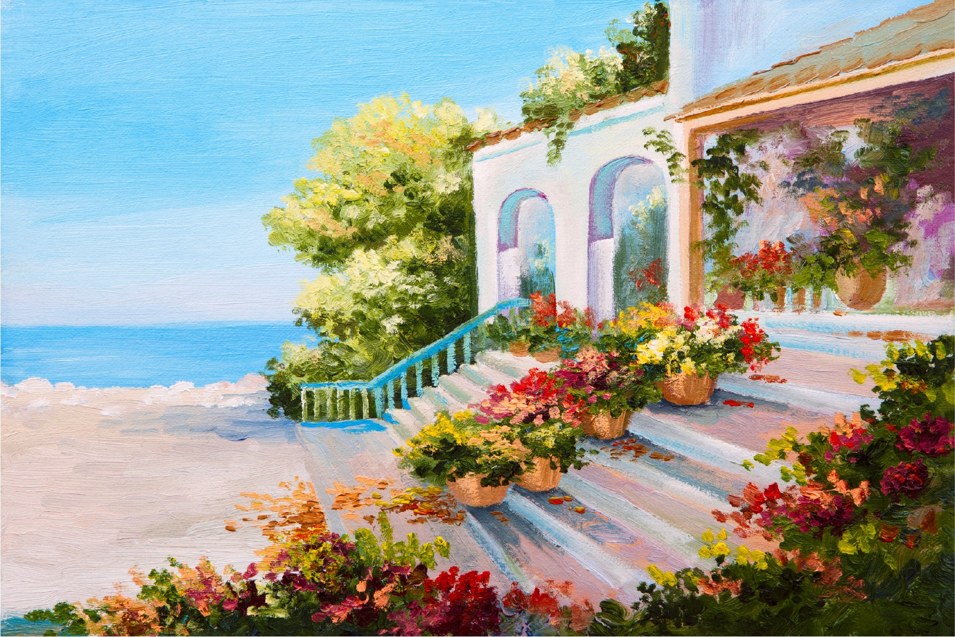 Terrace Near The Sea, Flowers Glass Framed Wall Art, Ready to Hang Quality Print