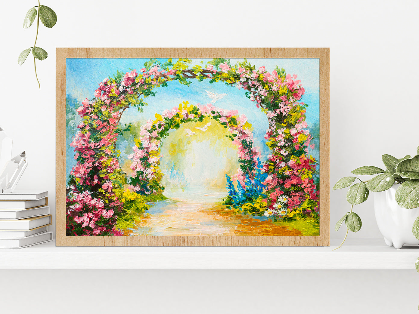 Floral Arch In The Summer Park Glass Framed Wall Art, Ready to Hang Quality Print Without White Border Oak