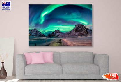 Northern Lights Explosion on Snowy Mountain Range Wall Art Decor 100% Australian Made