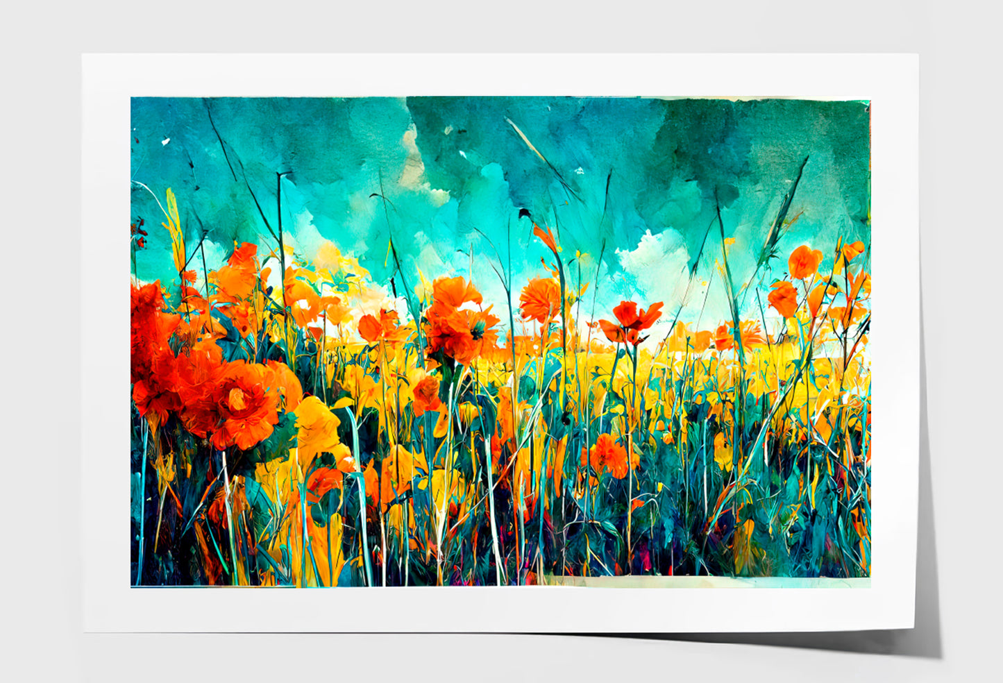 Blue Sky Green, Red & Orange Flowers Oil Painting Wall Art Limited Edition High Quality Print Unframed Roll Canvas None