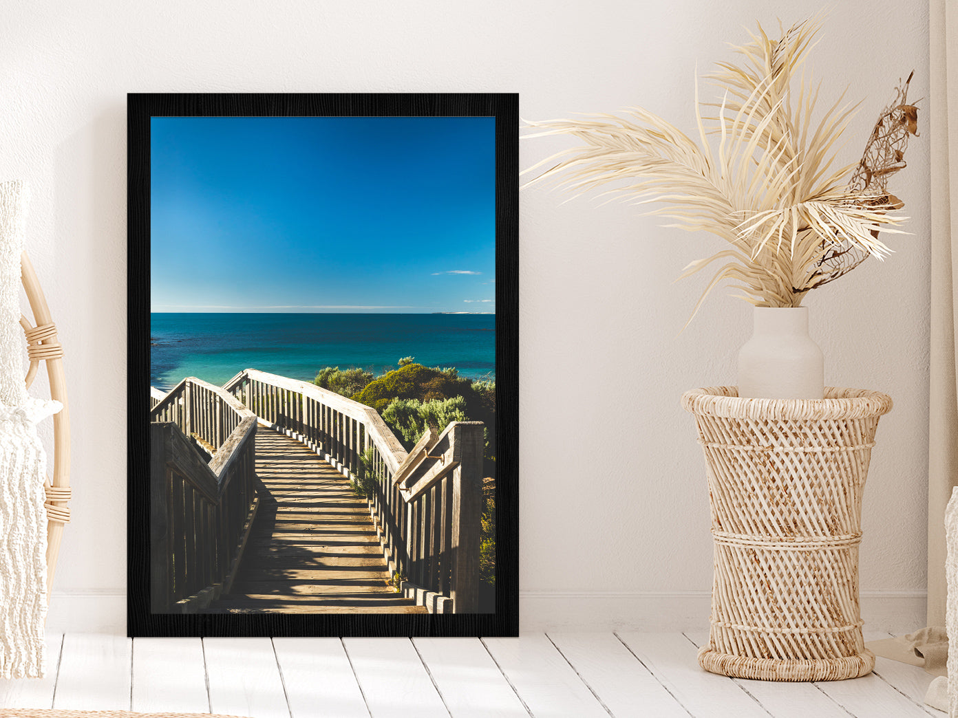 Wooden Staircase & Blue Sky Beach Photograph Glass Framed Wall Art, Ready to Hang Quality Print Without White Border Black