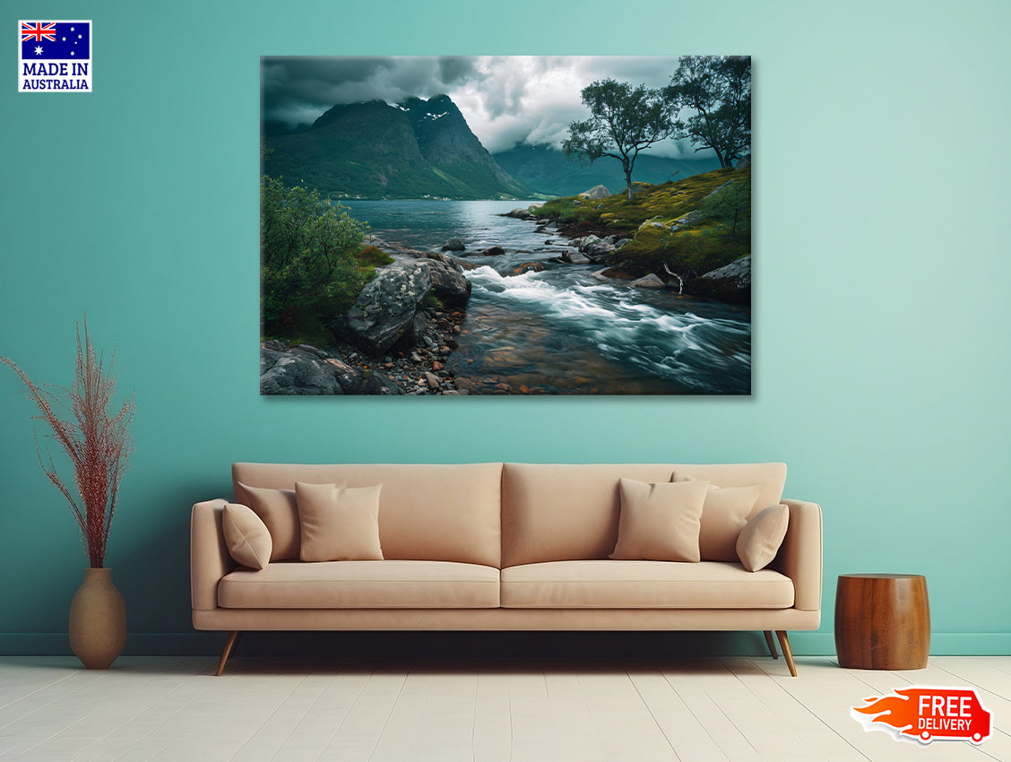 River Flowing Through a Valley with Trees & Mountains Print 100% Australian Made - Bella Home Decor