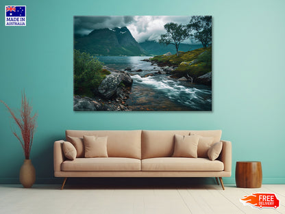 River Flowing Through a Valley with Trees & Mountains Print 100% Australian Made - Bella Home Decor