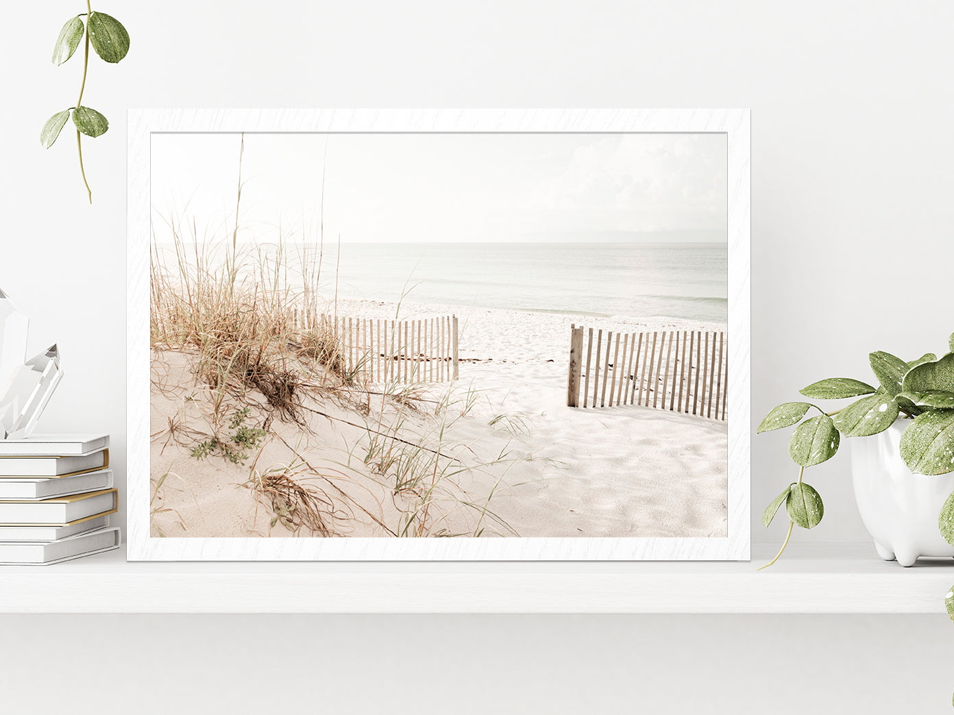 Fence Sea Grass Shore Faded View Photograph Glass Framed Wall Art, Ready to Hang Quality Print Without White Border White