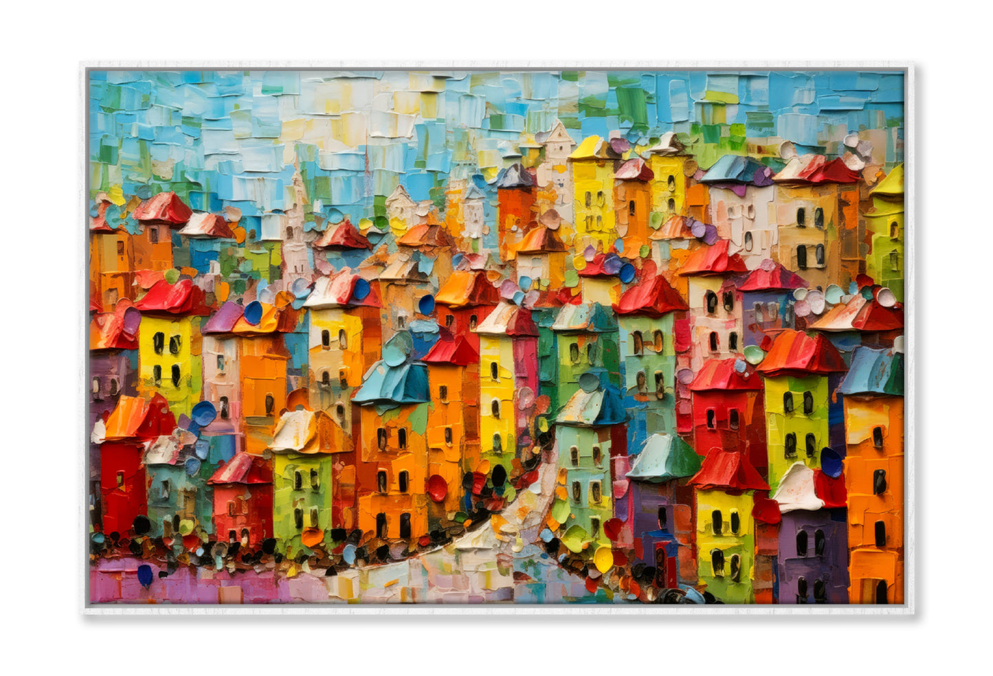 Colorful City Houses Oil Painting Wall Art Limited Edition High Quality Print Canvas Box Framed White