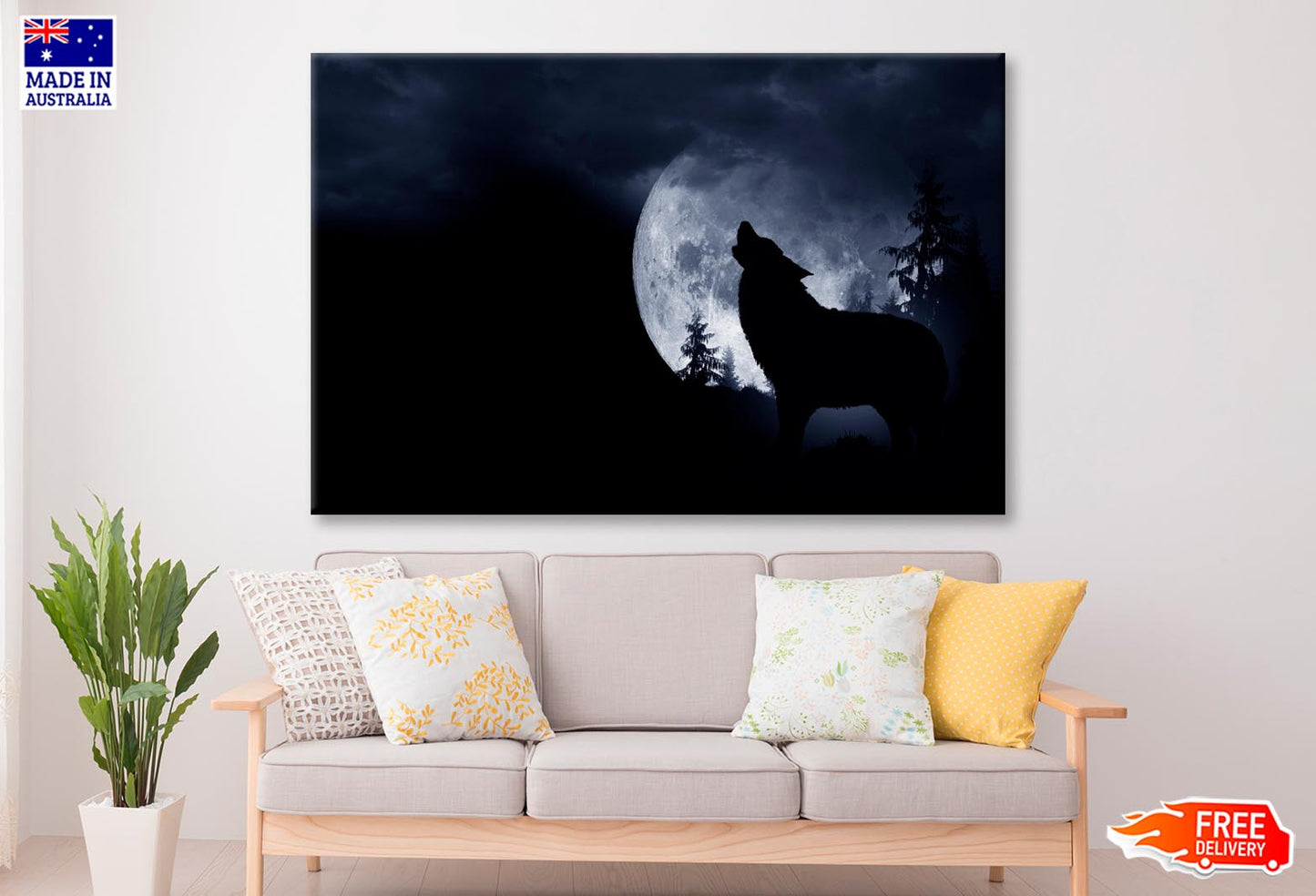 Wolf Howling at The Moon in The Dark Wall Art Decor 100% Australian Made