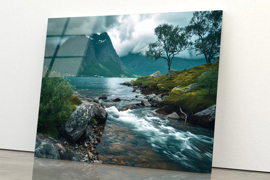 River Flowing Through a Valley with Trees & Mountains Acrylic Glass Print Tempered Glass Wall Art 100% Made in Australia Ready to Hang