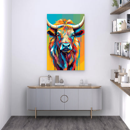 Colorful Highland Cow Bull Portrait 40x60cm Metal Print Ready to Hang