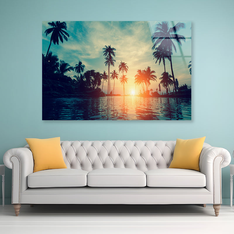 Sunset With Palm Trees in Beach Acrylic Glass Print Tempered Glass Wall Art 100% Made in Australia Ready to Hang - Bella Home Decor