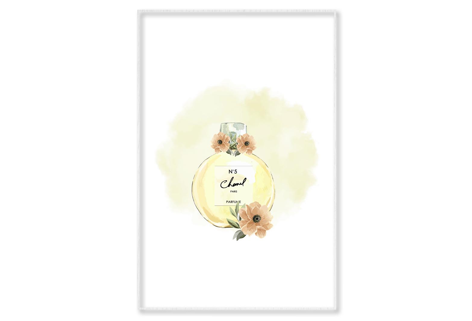 Yellow Perfume with Flowers Wall Art Limited Edition High Quality Print Canvas Box Framed White