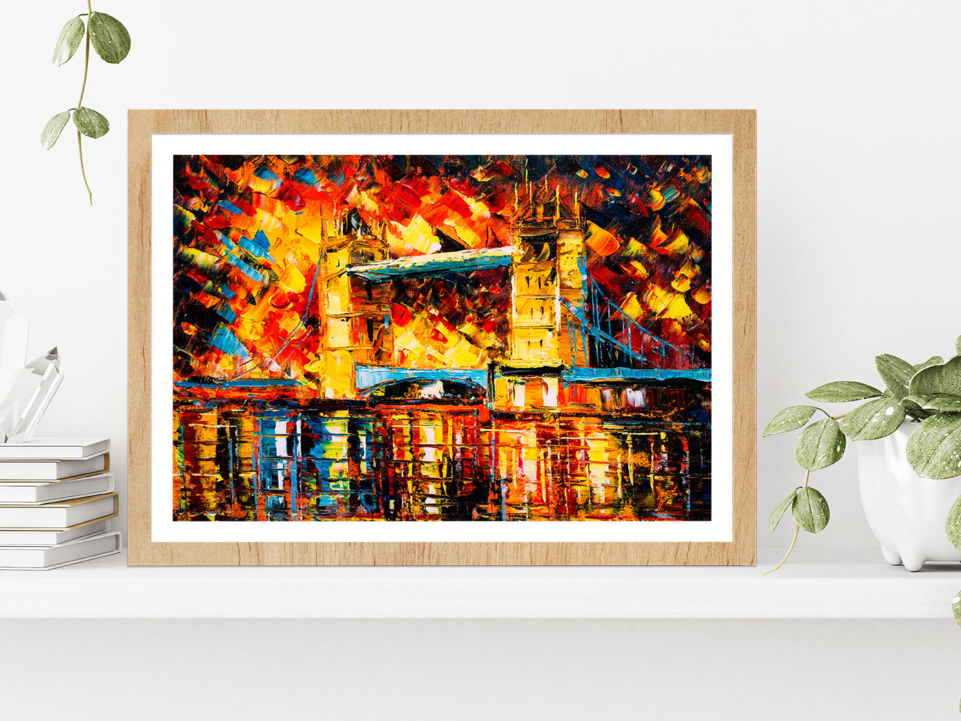 London Bridge, United Kingdom Colorful Glass Framed Wall Art, Ready to Hang Quality Print With White Border Oak