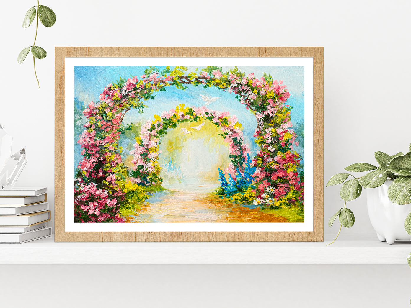 Floral Arch In The Summer Park Glass Framed Wall Art, Ready to Hang Quality Print With White Border Oak