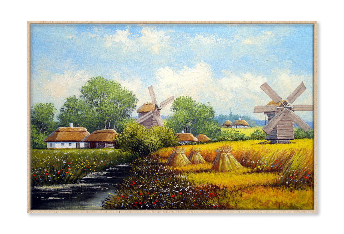 Mill near Village Houses & River with Blue Sky Painting Wall Art Limited Edition High Quality Print Canvas Box Framed Natural