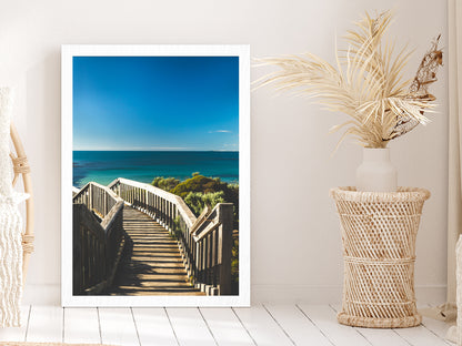 Wooden Staircase & Blue Sky Beach Photograph Glass Framed Wall Art, Ready to Hang Quality Print Without White Border White