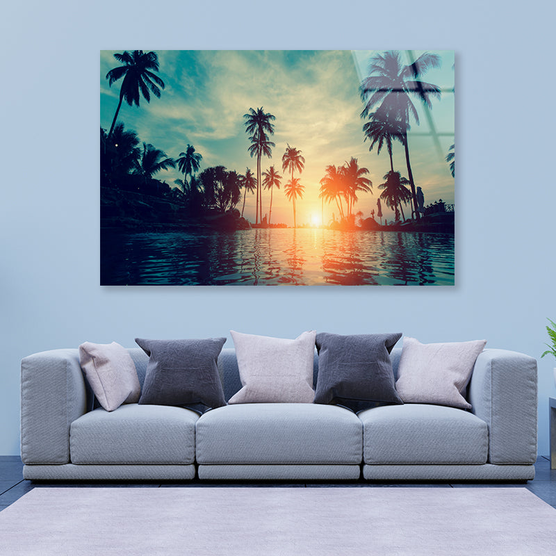 Sunset With Palm Trees in Beach Acrylic Glass Print Tempered Glass Wall Art 100% Made in Australia Ready to Hang - Bella Home Decor