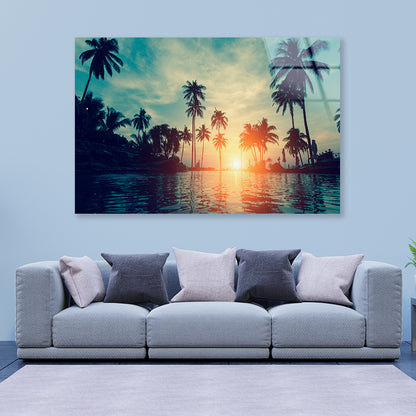 Sunset With Palm Trees in Beach Acrylic Glass Print Tempered Glass Wall Art 100% Made in Australia Ready to Hang - Bella Home Decor