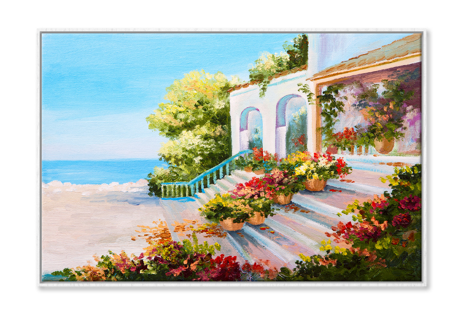 Terrace Near The Sea, Flowers Oil Painting Wall Art Limited Edition High Quality Print Canvas Box Framed White