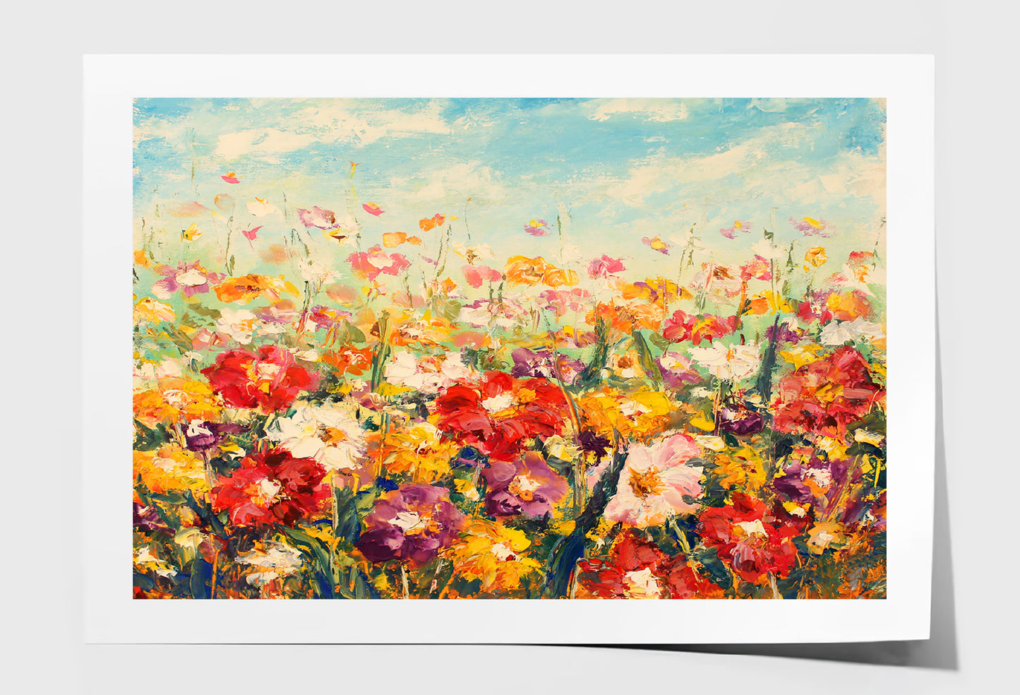 Colorful Flower Field with Cloudy Blue Sky Painting Wall Art Limited Edition High Quality Print Unframed Roll Canvas None