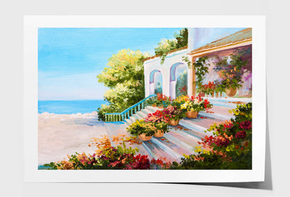 Terrace Near The Sea, Flowers Oil Painting Wall Art Limited Edition High Quality Print Unframed Roll Canvas None