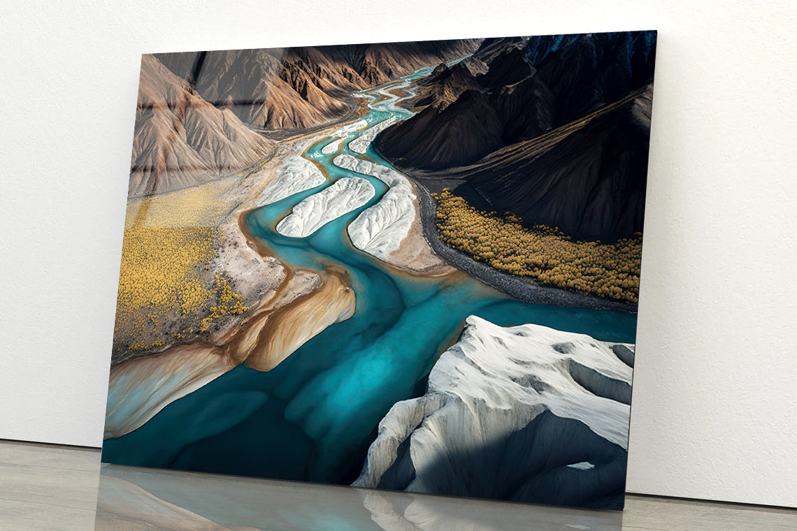 High Angle View of a River, Mountains Acrylic Glass Print Tempered Glass Wall Art 100% Made in Australia Ready to Hang - Bella Home Decor