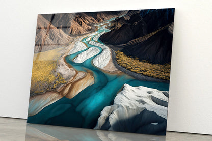 High Angle View of a River, Mountains Acrylic Glass Print Tempered Glass Wall Art 100% Made in Australia Ready to Hang - Bella Home Decor