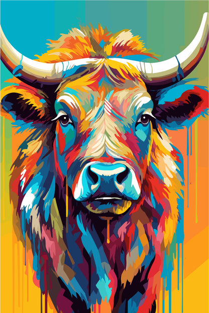 Colorful Highland Cow Bull Portrait 40x60cm Metal Print Ready to Hang