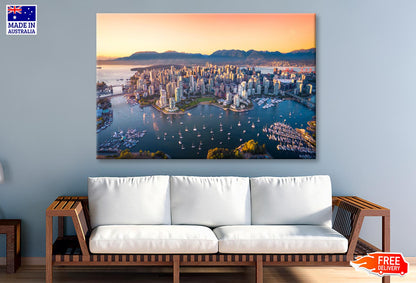 Beautiful Aerial View of Downtown Vancouver Skyline, British Columbia, Canada at Sunset Wall Art Decor 100% Australian Made