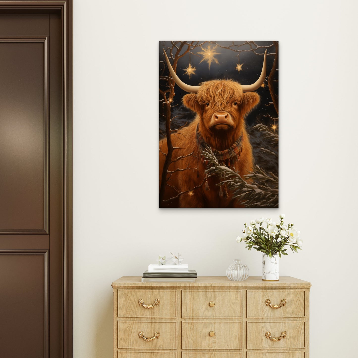 Scarf Highland Cow Stars 60x90cm Metal Print Ready to Hang - Bella Home Decor