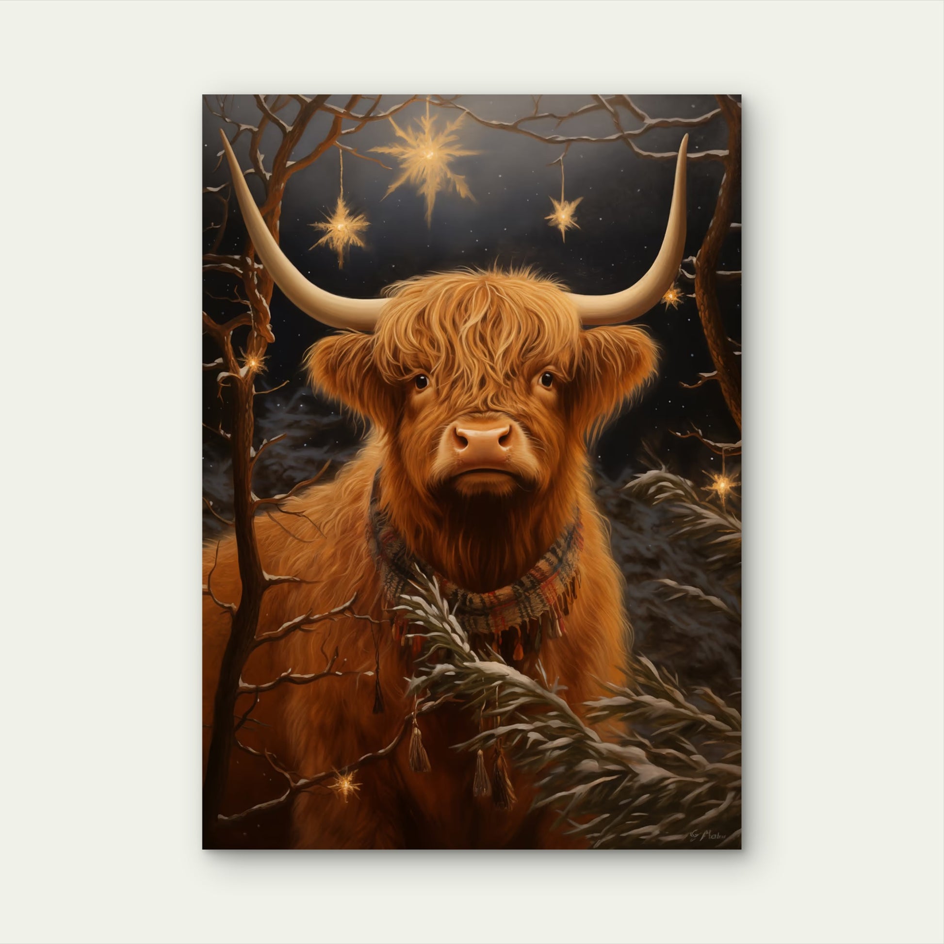 Scarf Highland Cow Stars 60x90cm Metal Print Ready to Hang - Bella Home Decor