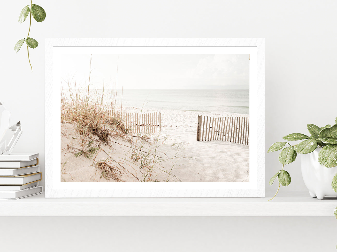 Fence Sea Grass Shore Faded View Photograph Glass Framed Wall Art, Ready to Hang Quality Print With White Border White