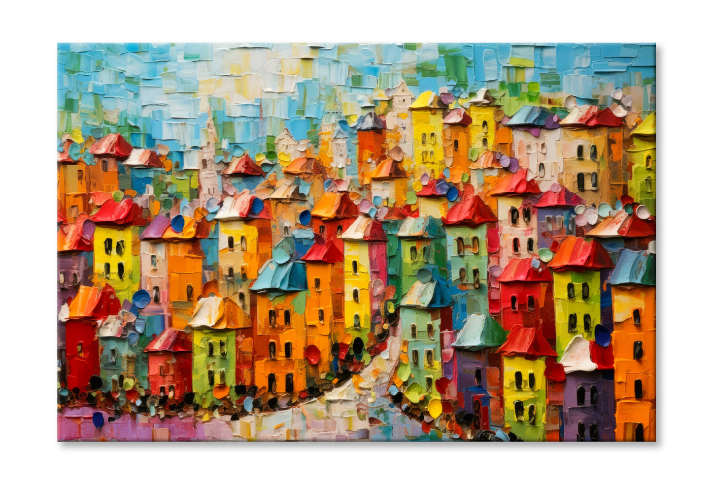 Colorful City Houses Oil Painting Wall Art Limited Edition High Quality Print Stretched Canvas None