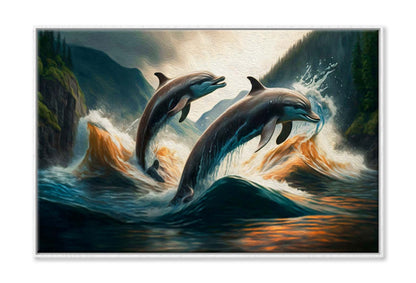 Couple Jumping Dolphins, Blue Sea and Sky Wall Art Limited Edition High Quality Print