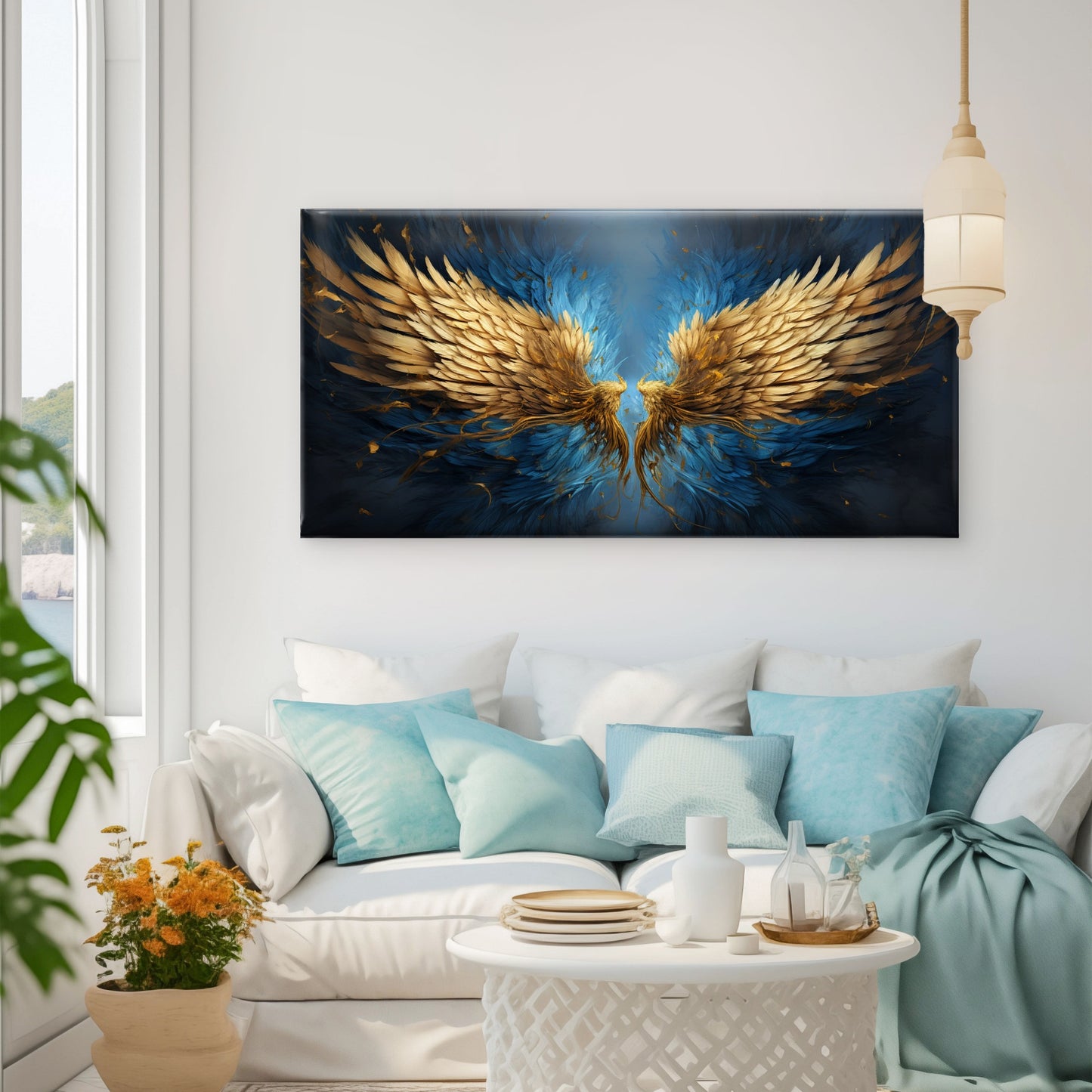 Gold Angel Wings Blue Oil Painting Wall Art Canvas Office Home Room Framed 120x60cm - Bella Home Decor