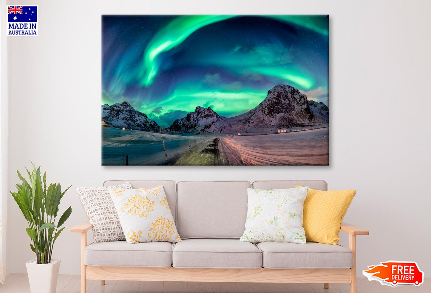 Northern Lights Explosion on Snowy Mountain Range Wall Art Decor 100% Australian Made