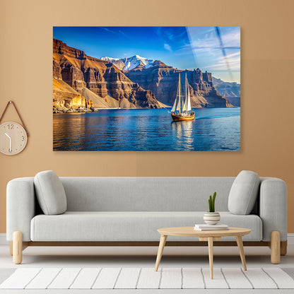 Sailboat Sailing In the Sea, Mountains in Greece Acrylic Glass Print Tempered Glass Wall Art 100% Made in Australia Ready to Hang - Bella Home Decor