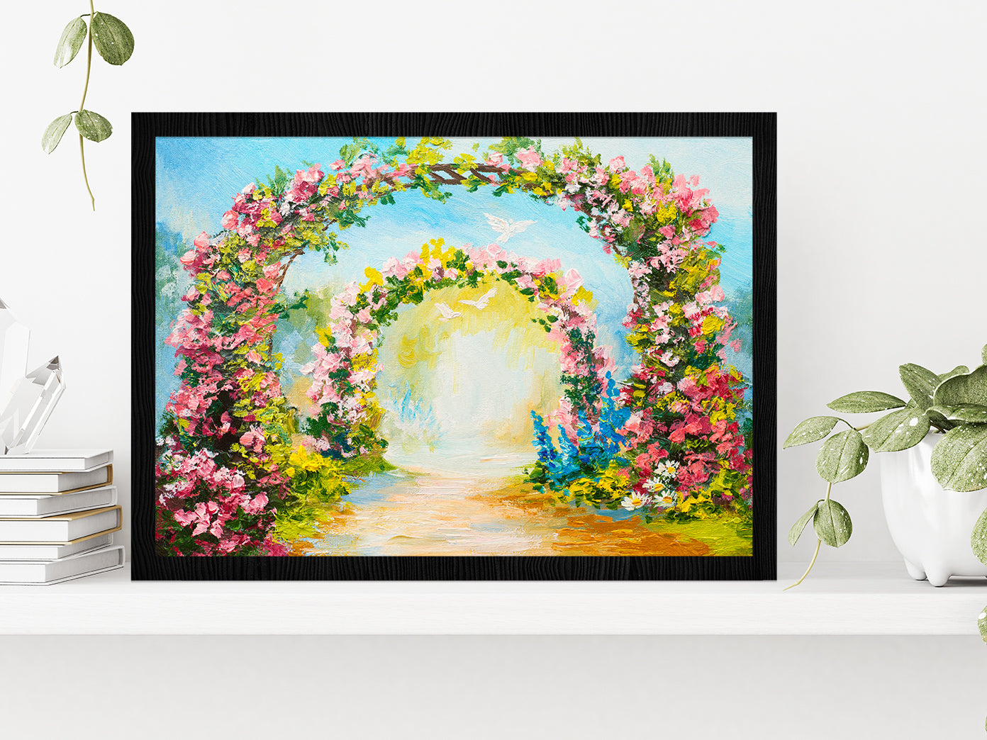 Floral Arch In The Summer Park Glass Framed Wall Art, Ready to Hang Quality Print Without White Border Black