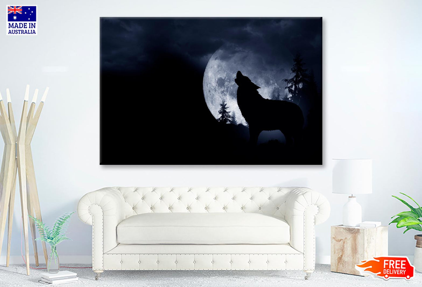 Wolf Howling at The Moon in The Dark Wall Art Decor 100% Australian Made