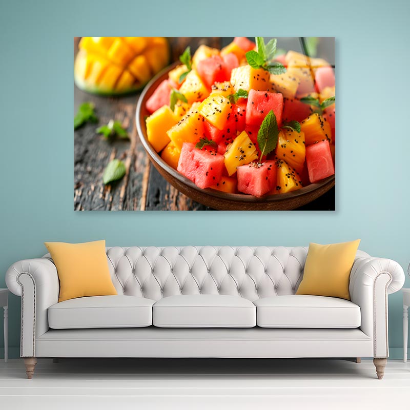 Fruit Salad Featuring Juicy Watermelon, Pineapple, And Mango with A Hint of Mint  Acrylic Glass Print Tempered Glass Wall Art 100% Made in Australia Ready to Hang