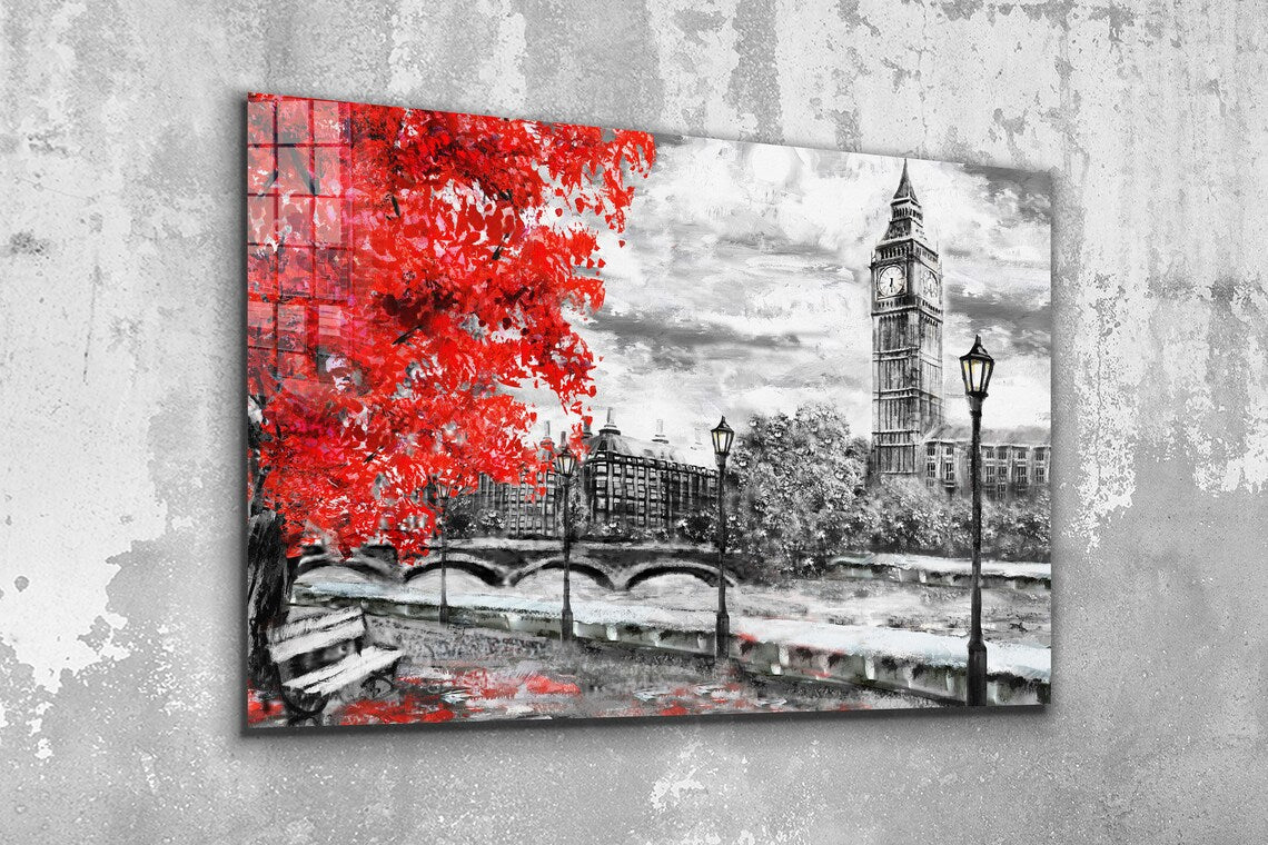 Red Tree Big Ben Tower UV Direct Aluminum Print Australian Made Quality