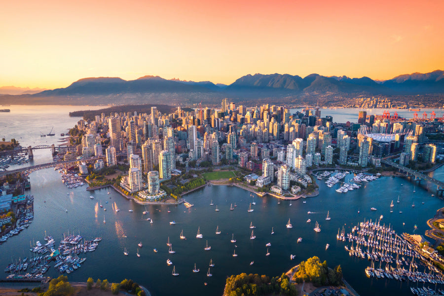 Beautiful Aerial View of Downtown Vancouver Skyline, British Columbia, Canada at Sunset Acrylic Glass Print Tempered Glass Wall Art 100% Made in Australia Ready to Hang