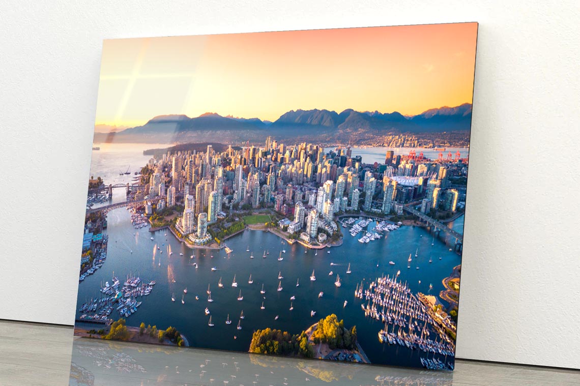 Beautiful Aerial View of Downtown Vancouver Skyline, British Columbia, Canada at Sunset Acrylic Glass Print Tempered Glass Wall Art 100% Made in Australia Ready to Hang