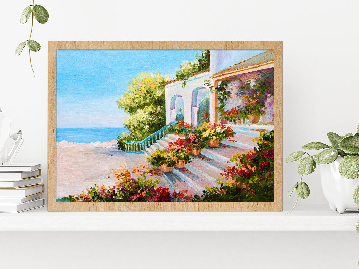 Terrace Near The Sea, Flowers Glass Framed Wall Art, Ready to Hang Quality Print Without White Border Oak