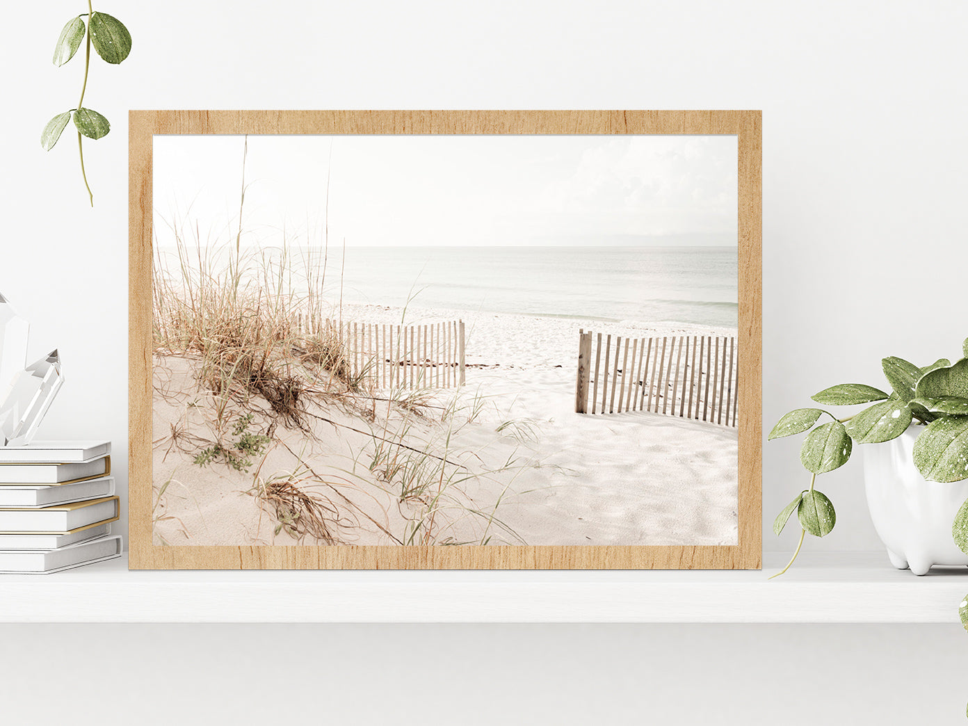 Fence Sea Grass Shore Faded View Photograph Glass Framed Wall Art, Ready to Hang Quality Print Without White Border Oak