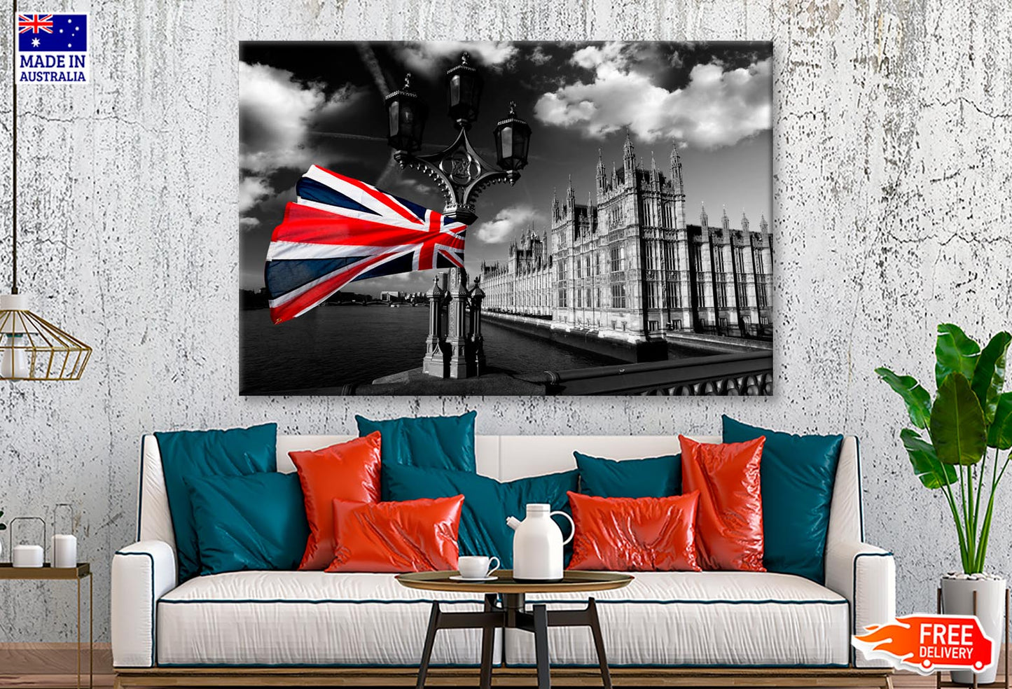 Houses Of Parliament with Flag of England, London, UK Wall Art Decor 100% Australian Made